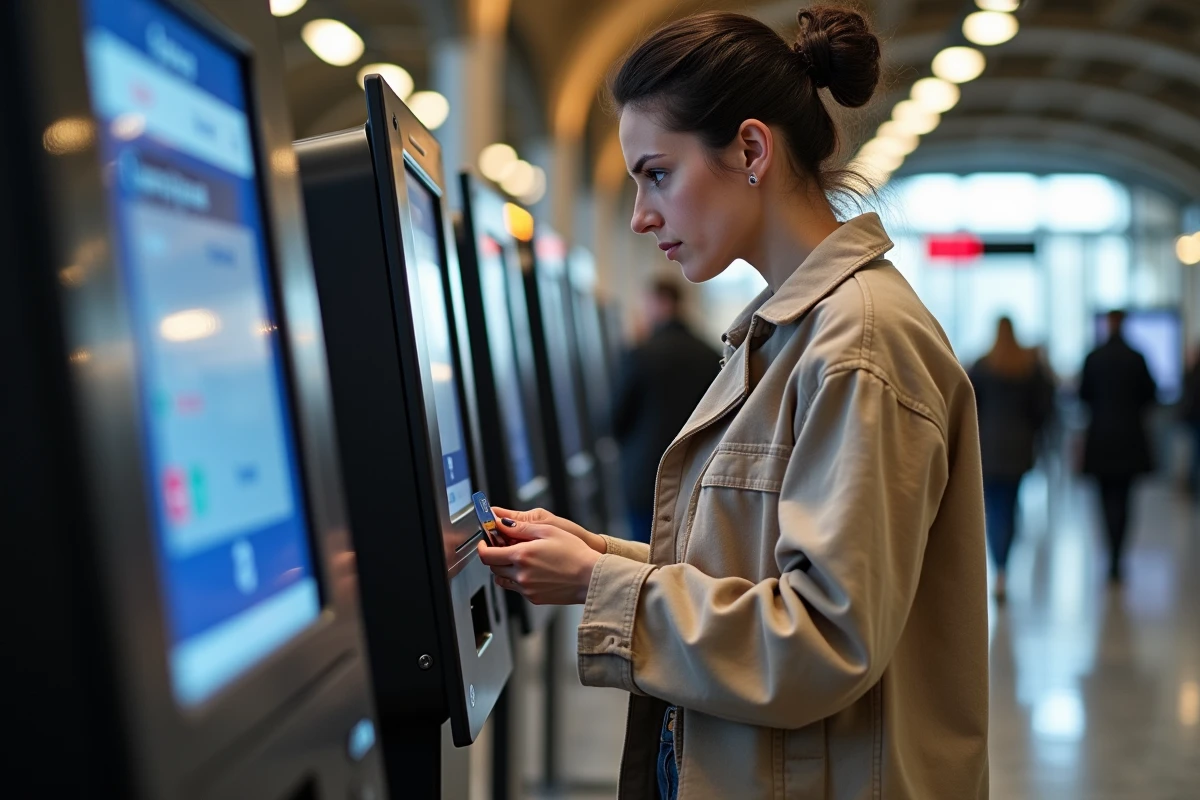 Femme achetant un billet de train avec transport de voiture à un kiosque en gare française