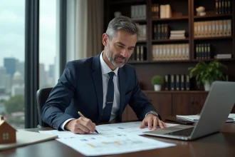 Chef d'entreprise analysant des documents immobiliers pour acheter une maison via sa société