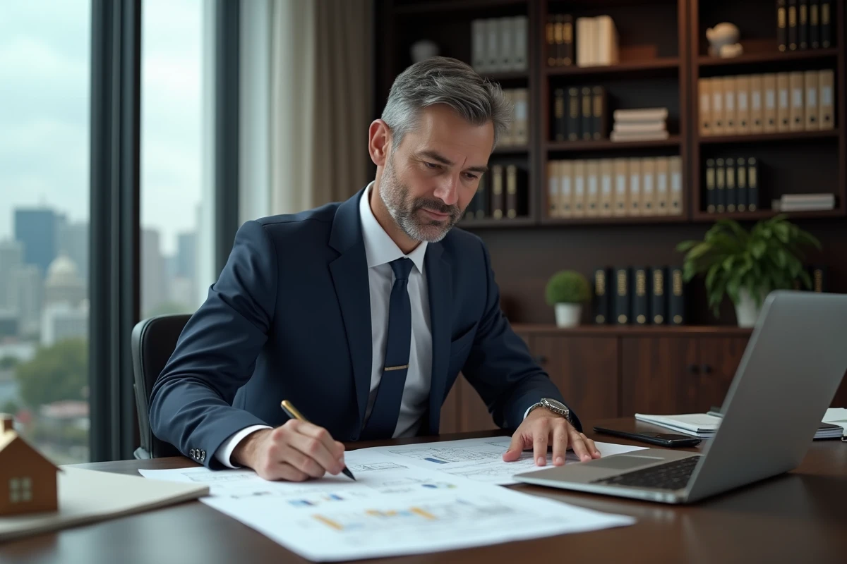 Chef d'entreprise analysant des documents immobiliers pour acheter une maison via sa société