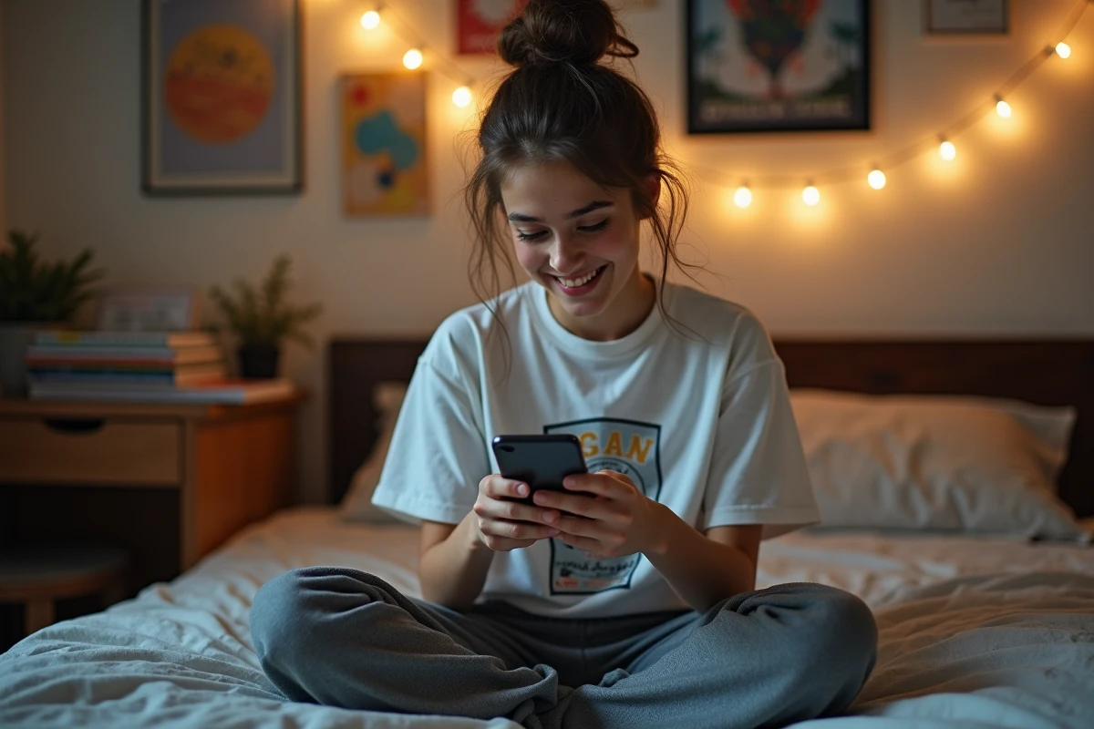 Adolescente souriante sur son téléphone dans sa chambre, représentant l'usage des expressions d'argot et du vocabulaire ado sur les réseaux sociaux