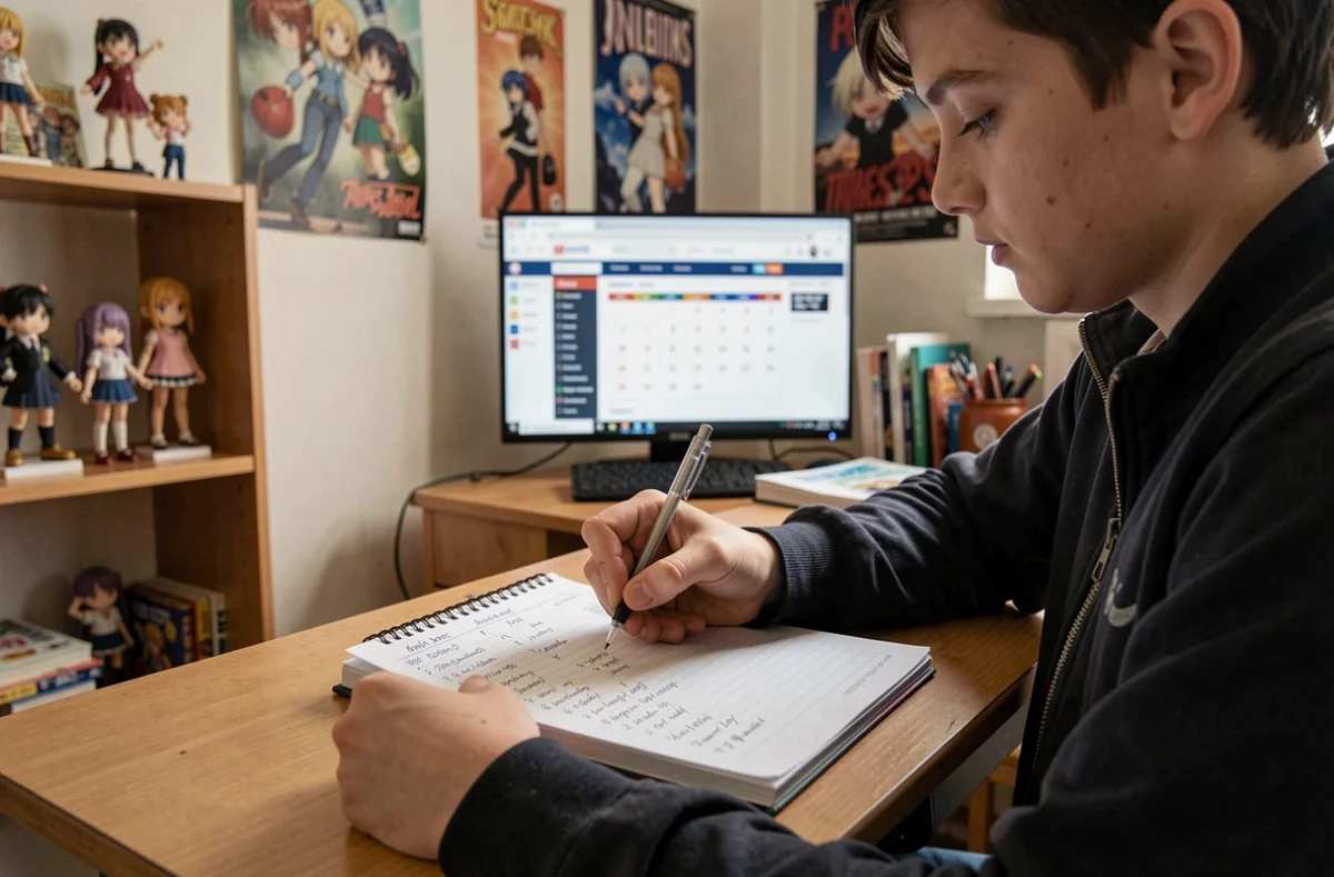 Adolescent rédigeant un planning de diffusion Anime Sama dans un agenda papier dans sa chambre décorée de posters