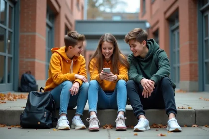 Groupe de trois adolescents discutant avec des expressions animées devant un lycée urbain, illustrant le langage et l'argot des jeunes