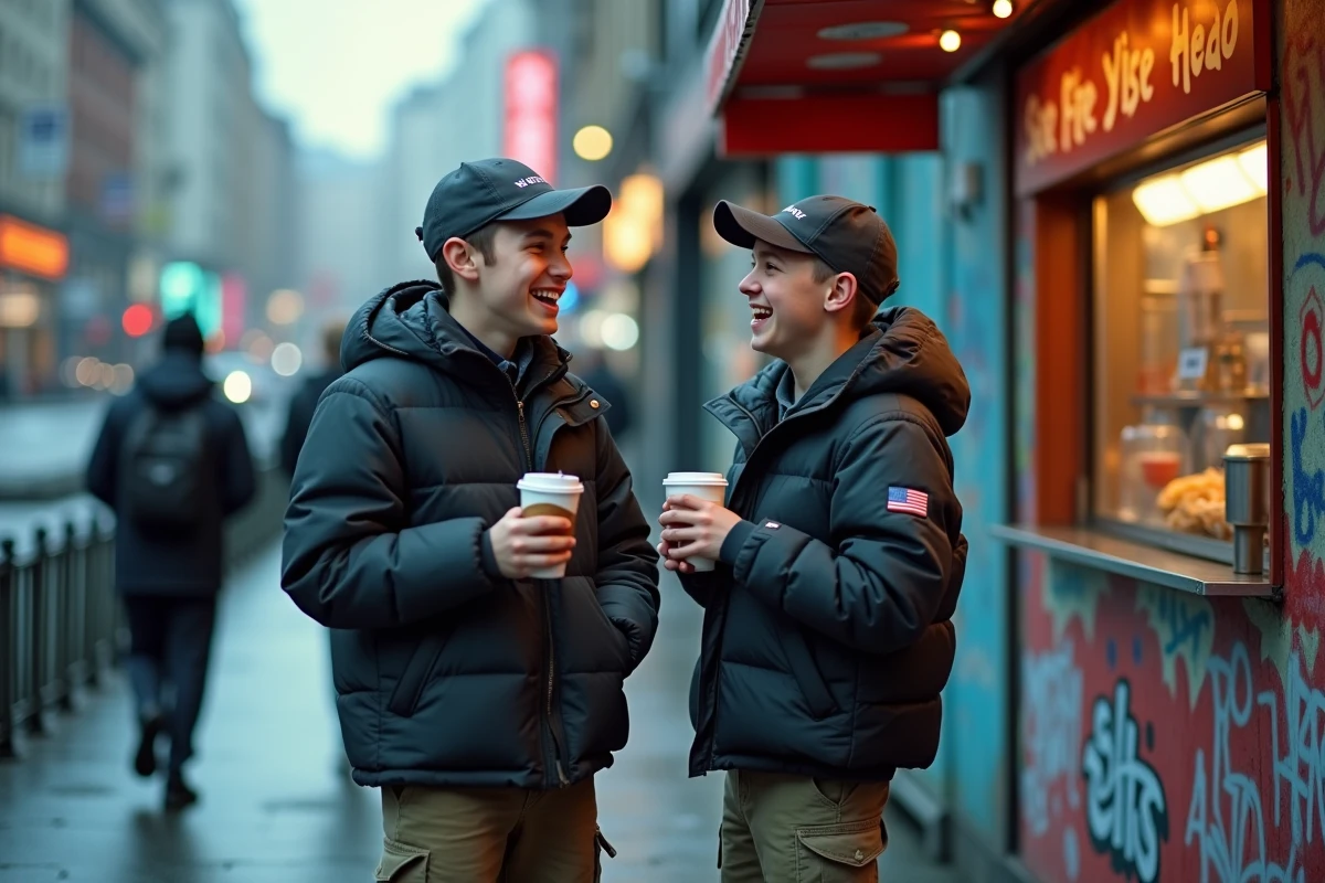 Deux adolescents en train de discuter et de rire dans la rue, illustrant les codes et expressions du langage argotique des jeunes en milieu urbain