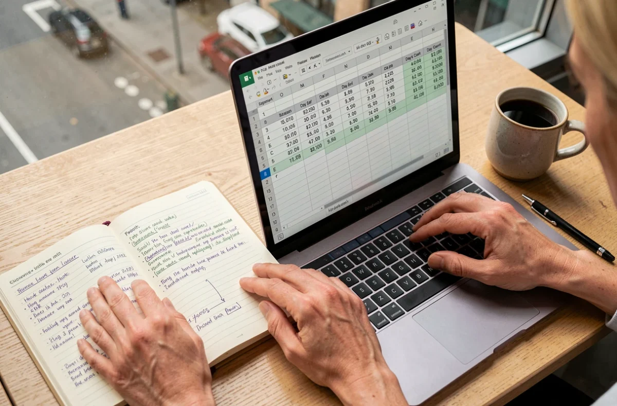 Vue aérienne de mains féminines consultant un agenda papier et une feuille de calcul numérique avec des données de jours calculés depuis une date dans un café