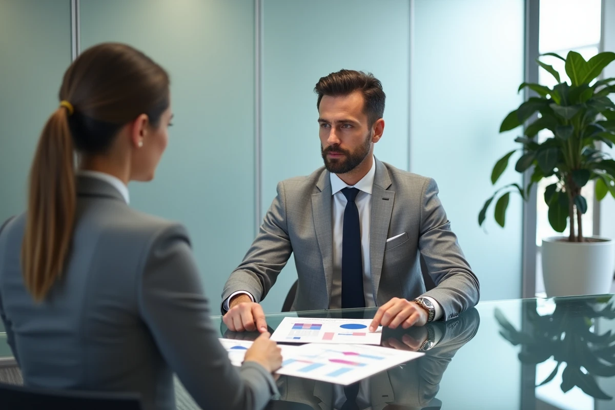 Agent immobilier présentant une analyse comparative des prix de vente d'un bien à un client dans une agence moderne