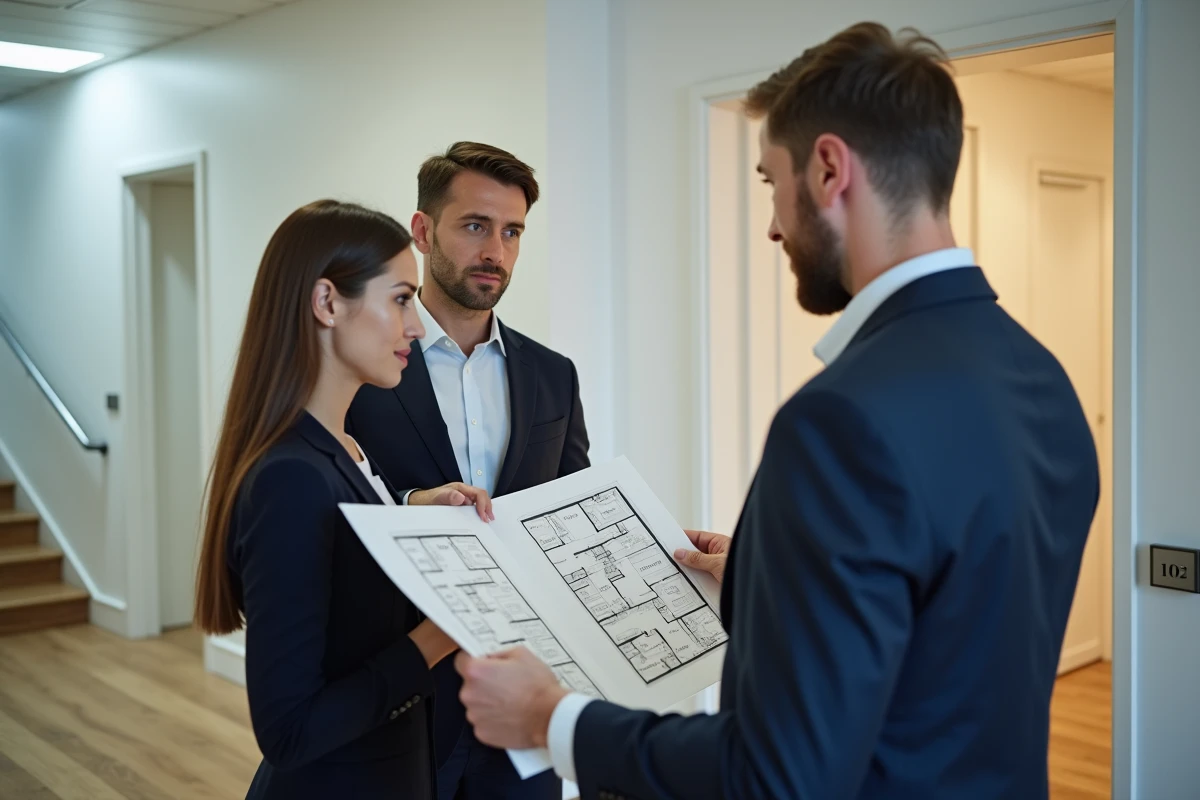 Agent immobilier présentant les différences entre location et colocation à un couple