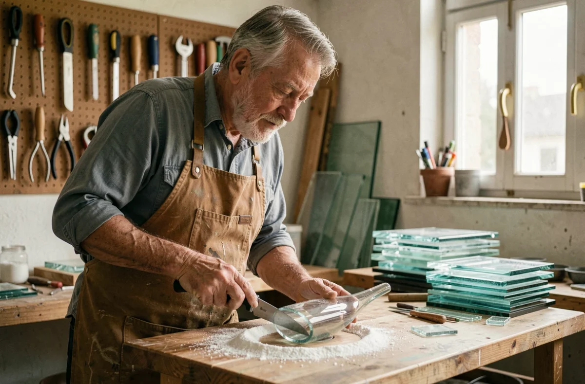 Alain Rousseau, vitrier artisan en Loire-Atlantique, découpant une forme de verre personnalisée dans son atelier avec un outil de coupe traditionnel