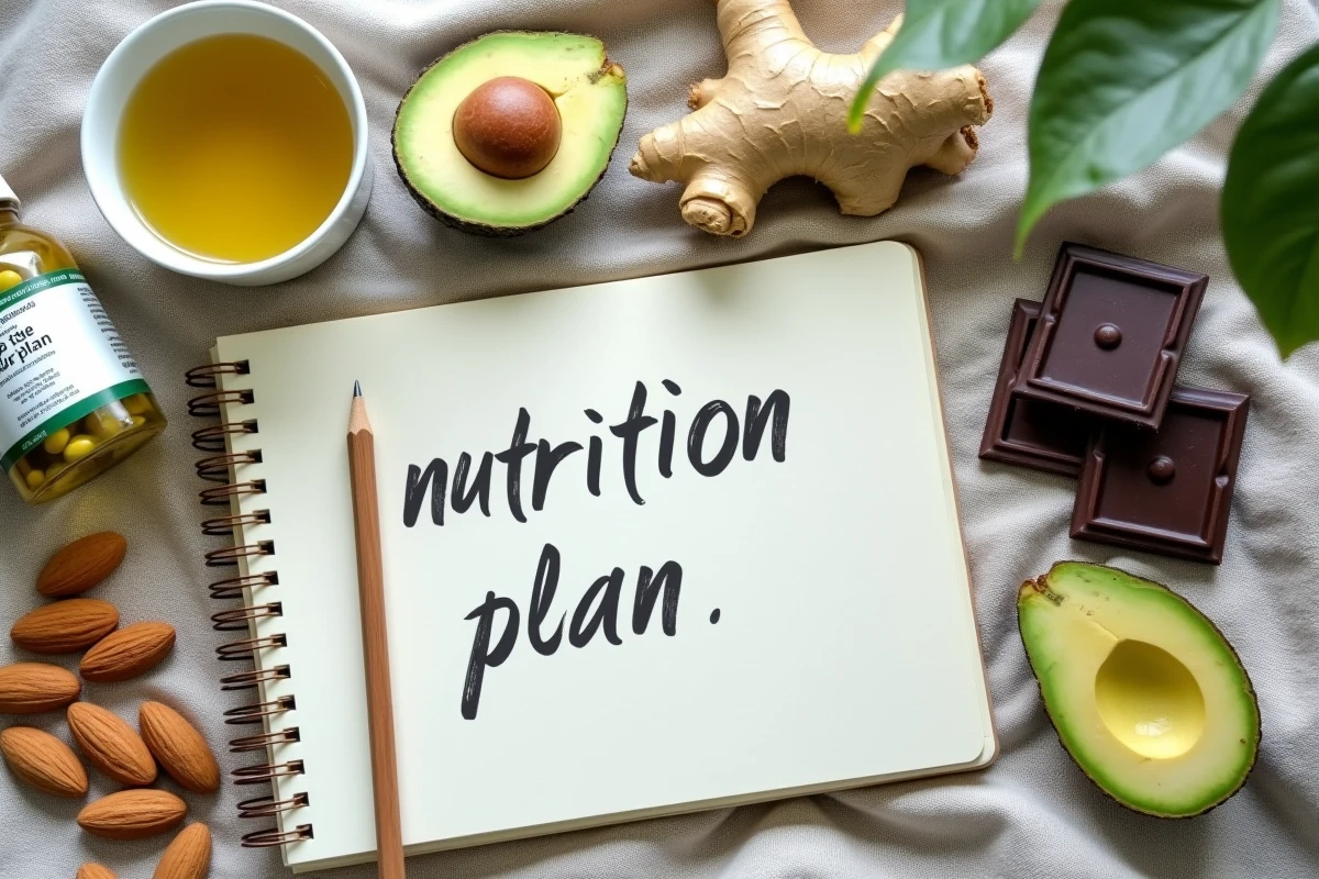Flat lay d'aliments et compléments brûleurs de graisses abdominales sur fond lin naturel