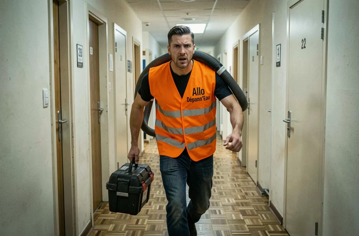 Plombier d'Allo Dépann'Eau se dépêchant dans le couloir d'un immeuble strasbourgeois pour une intervention d'urgence