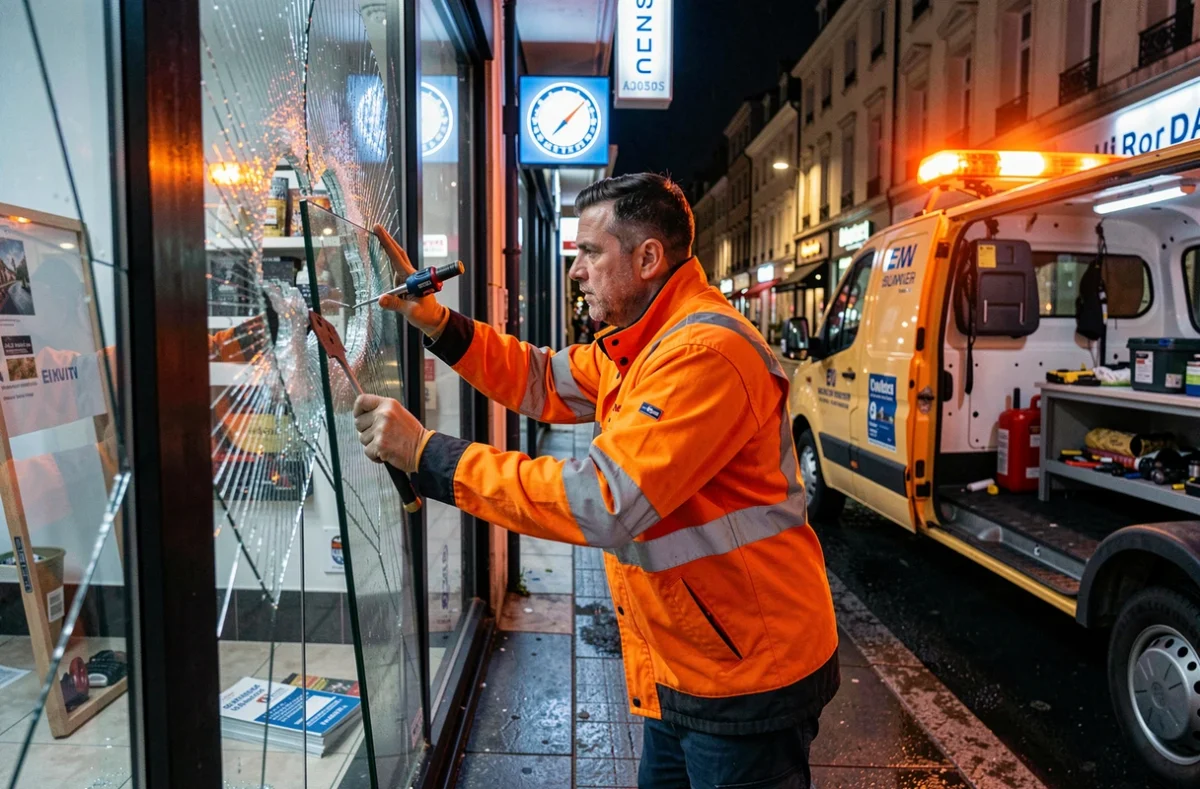 Vitrier d'urgence ALLO SOS MIROITERIE ASMC en veste haute visibilité orange intervenant en urgence sur une devanture commerciale brisée de nuit