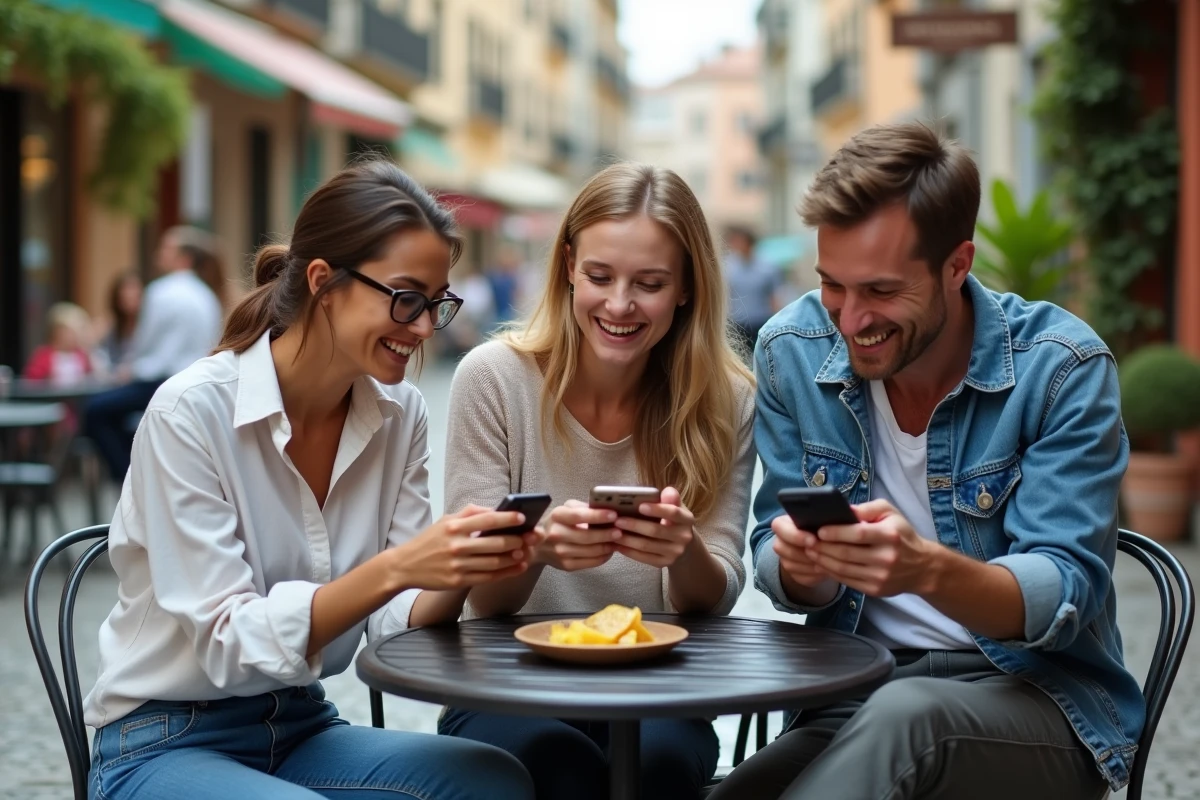 Groupe d'amis adultes en terrasse de café comparant leur progression sur Monopoly GO, ambiance compétitive et détendue