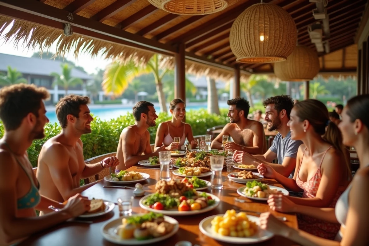 Groupe d'amis partageant un repas dans un resort tout inclus tropical, concurrence au Club Med