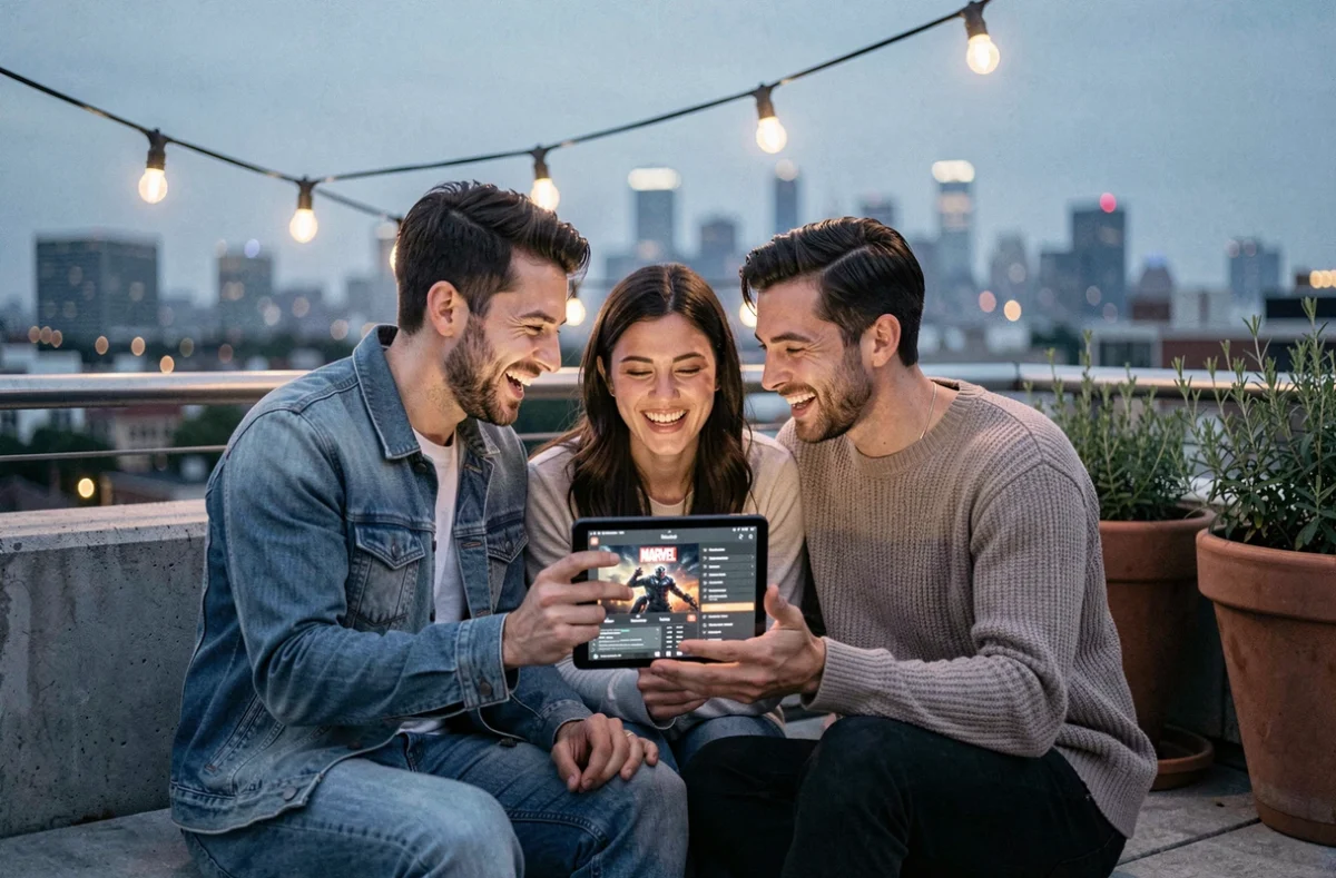Groupe d'amis sur un rooftop urbain discutant de l'ordre de visionnage de la saga Marvel sur une tablette