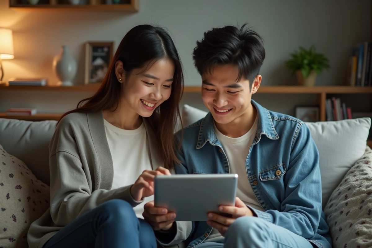 Deux amis parcourant ensemble un site de scantrad sur une tablette dans un salon, représentant la communauté de fans de manga et de lecture numérique