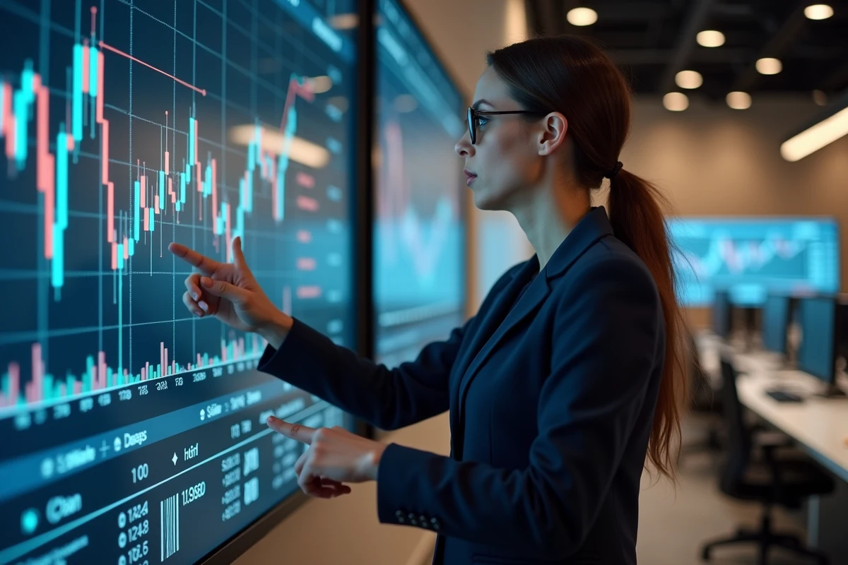 Analyste financière perplexe pointant un graphique de volatilité sur un écran interactif dans une salle de trading
