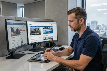 Analyste militaire paramétrant sa veille sur plusieurs écrans affichant des fils d'actualités de défense et le site OPEX 360