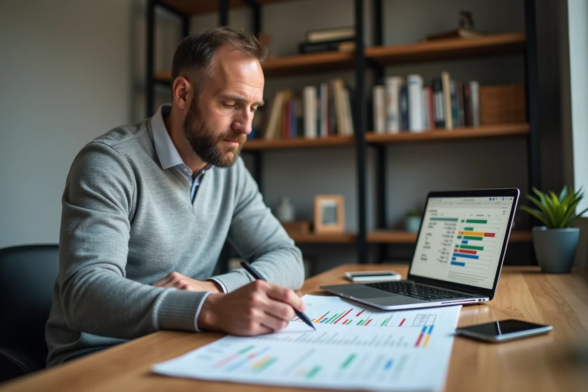 Homme d'affaires analysant et annotant une feuille de route stratégique de développement sur son bureau à domicile avec un ordinateur portable affichant un diagramme de Gantt