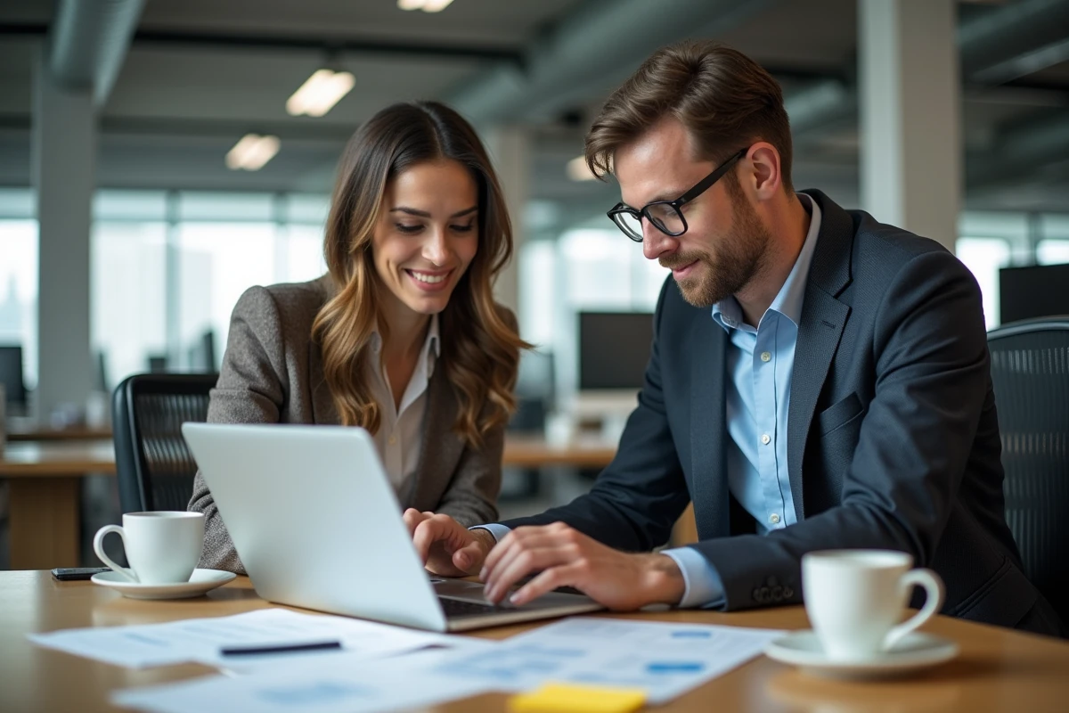 Deux analystes financiers collaborant sur des rapports de gestion d'actifs dans un open space professionnel