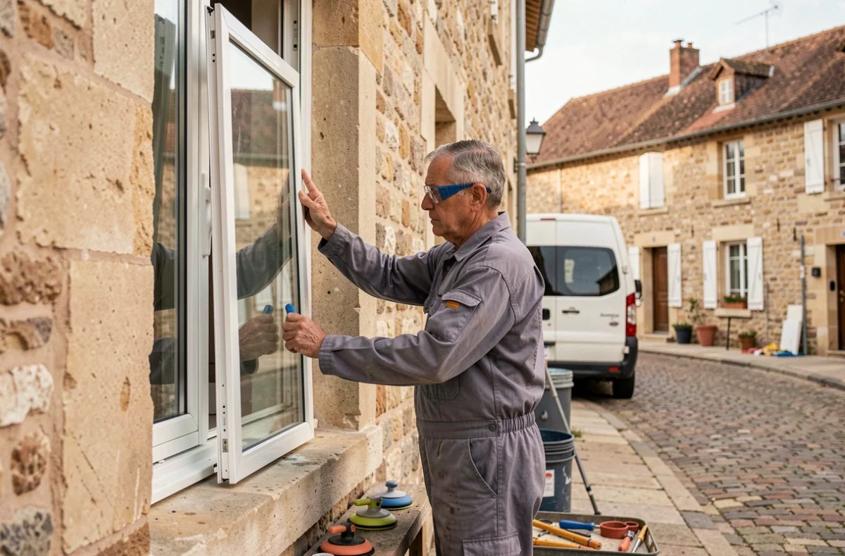 Vitrier d'Ancenis Vitrerie Miroiterie AVM installant un panneau de verre sur une fenêtre d'un bâtiment en pierre à Ancenis