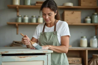 Femme appliquant de la peinture à la craie sur une commode en bois dans un atelier artisanal