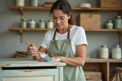 Femme appliquant de la peinture à la craie sur une commode en bois dans un atelier artisanal