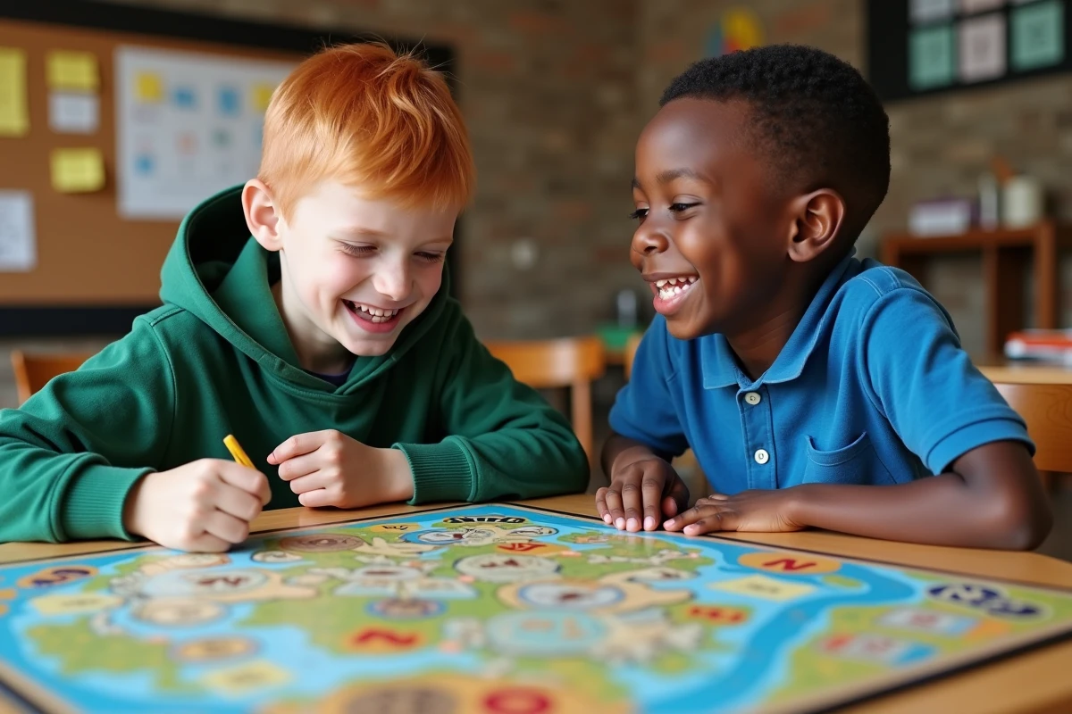 Deux garçons souriants jouant ensemble à un jeu de société éducatif sur une table en bois dans un atelier pédagogique moderne, théories de l'apprentissage ludique