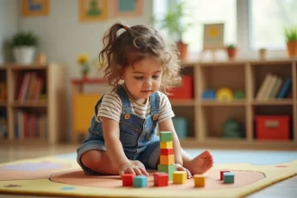 Jeune fille concentrée qui construit une tour de blocs en bois colorés dans un coin lecture de classe primaire, illustrant l'apprentissage par le jeu