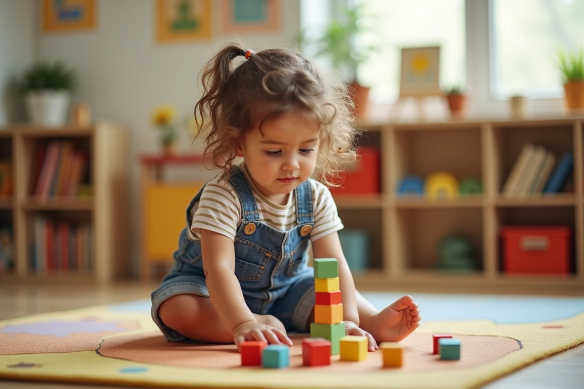Jeune fille concentrée qui construit une tour de blocs en bois colorés dans un coin lecture de classe primaire, illustrant l'apprentissage par le jeu
