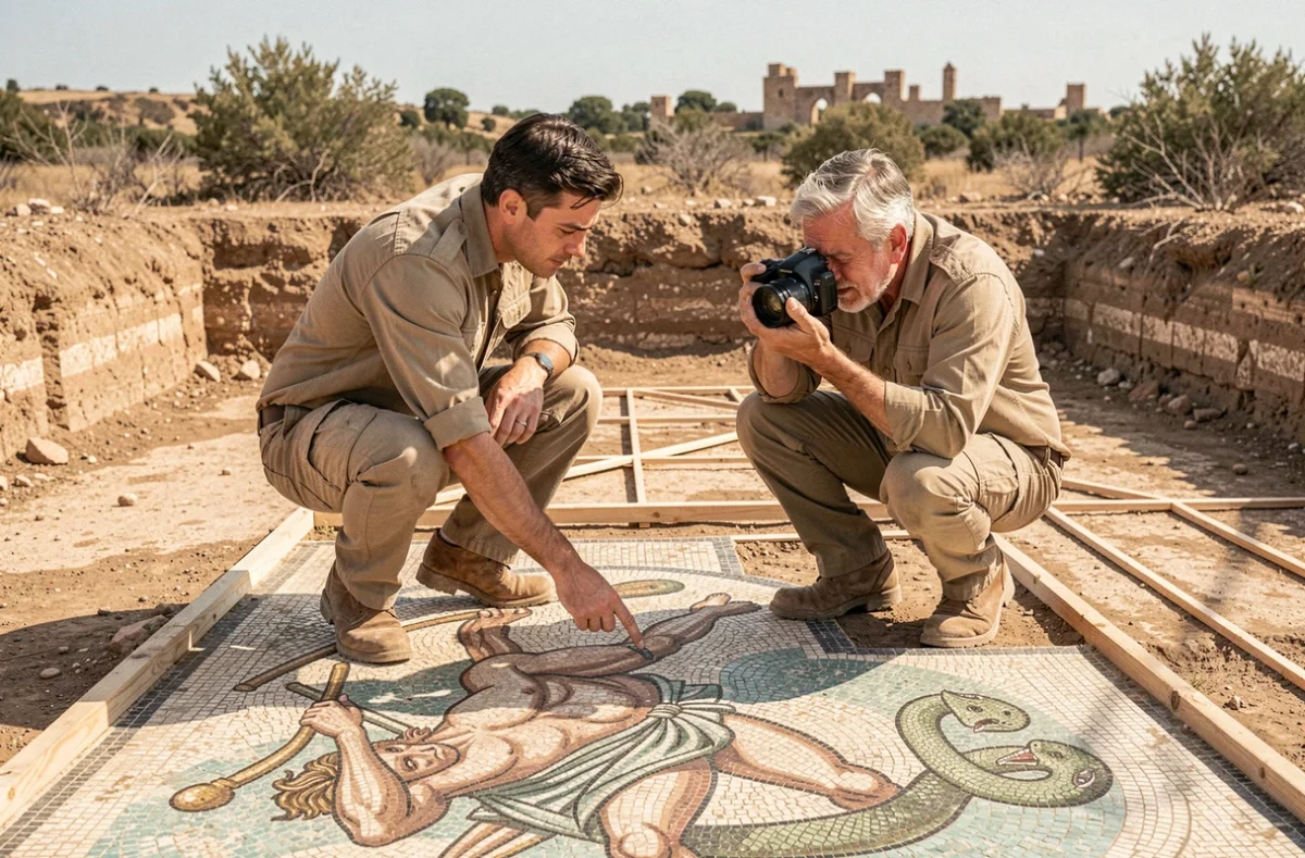 Deux archéologues examinant une mosaïque antique représentant Hercule et l'Hydre de Lerne lors d'une fouille archéologique en Méditerranée