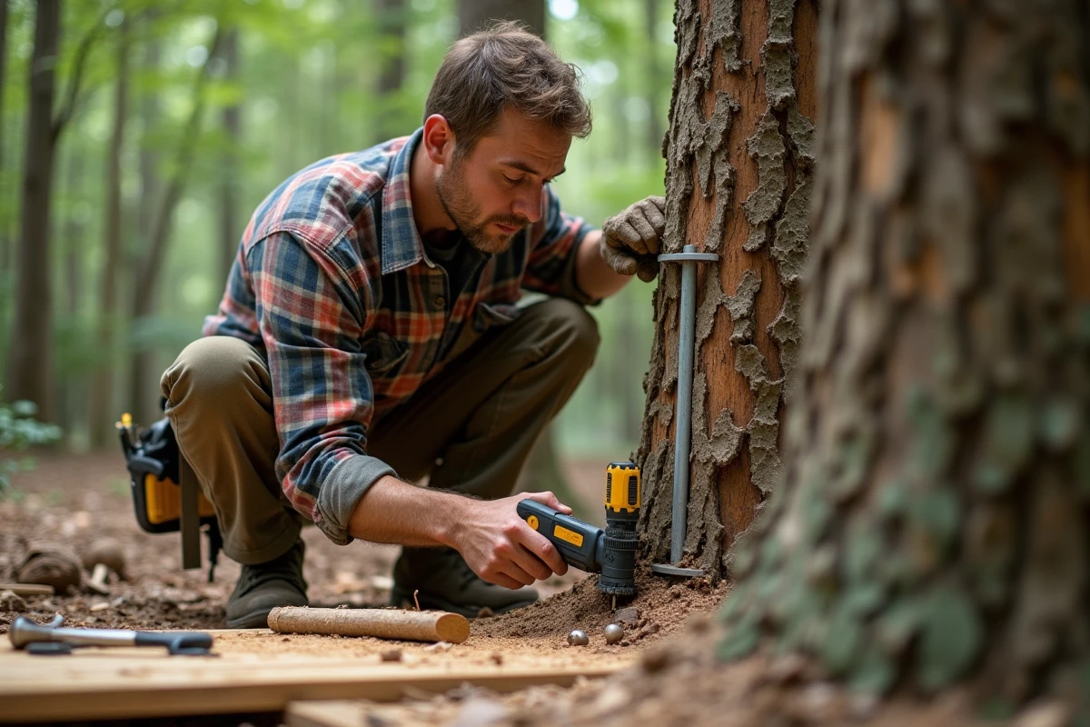 Artisan charpentier installant un support métallique sur un tronc d'arbre pour construire une cabane en hauteur