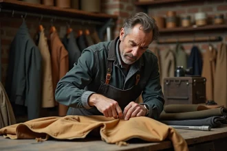 Artisan inspectant la solidité d'une veste en toile cirée dans un atelier de confection traditionnel