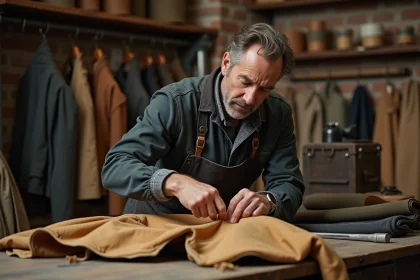 Artisan inspectant la solidité d'une veste en toile cirée dans un atelier de confection traditionnel