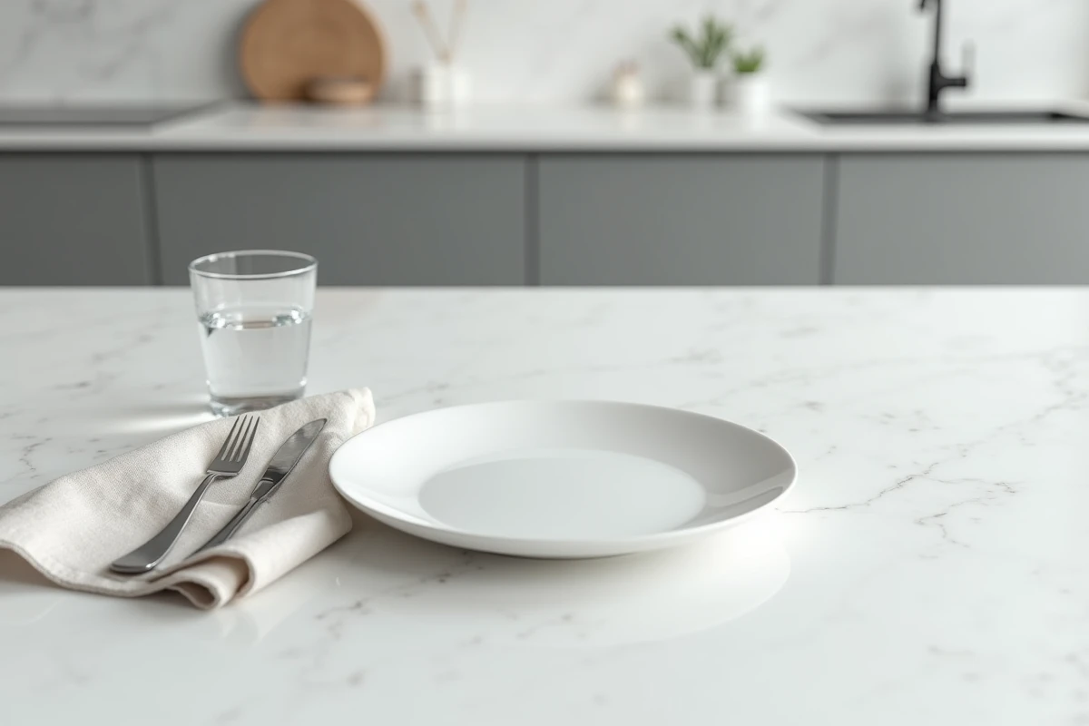 Assiette vide et verre d'eau sur un comptoir minimaliste, symbolisant l'attente consciente de la faim avant un repas