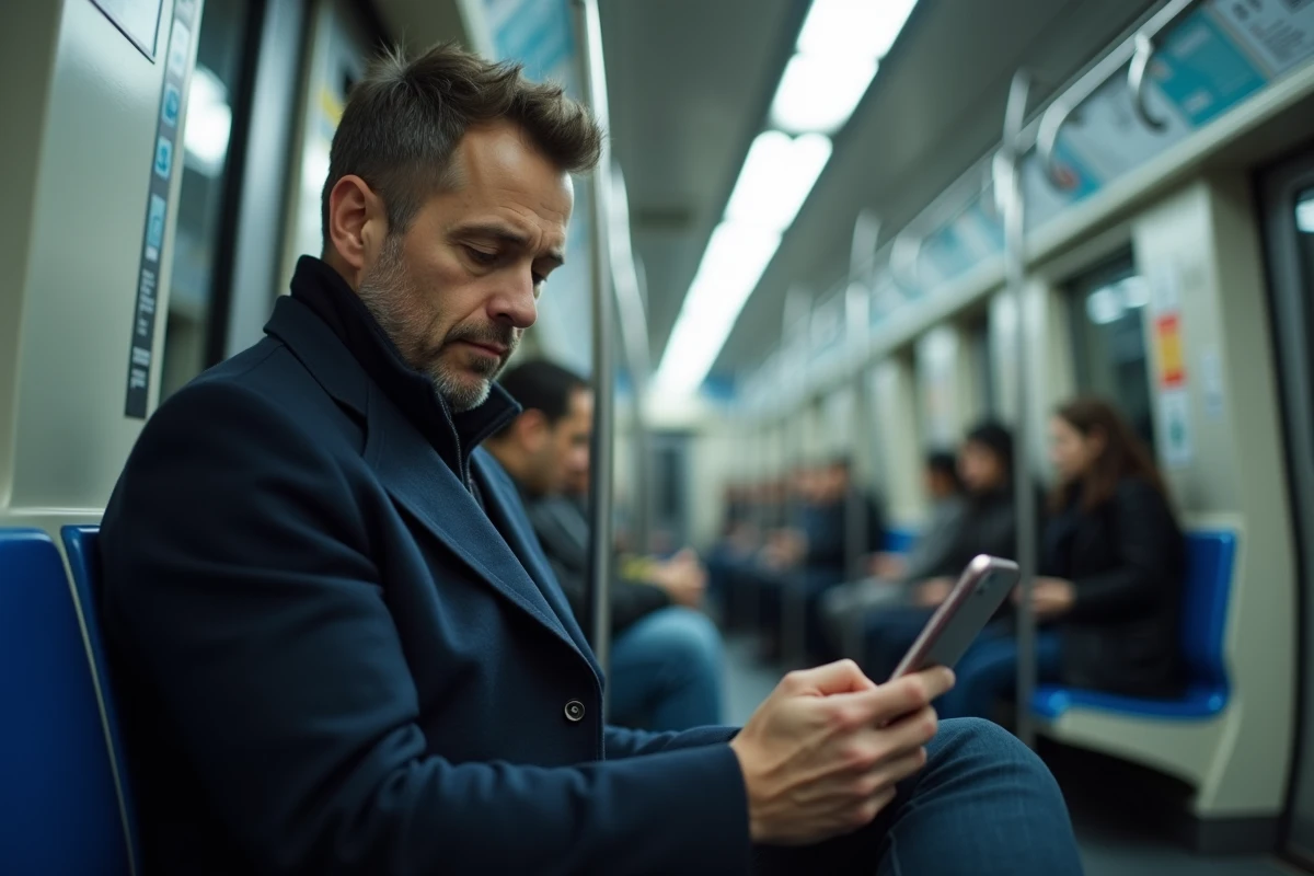 Homme adulte distrait par son téléphone dans le métro, symbolisant la fragmentation de l'attention dans la vie quotidienne