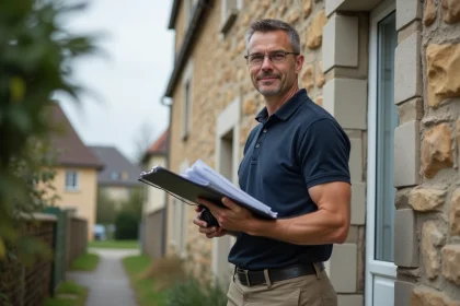 Auditeur énergétique inspectant la façade d'une maison en cours de rénovation avec scanner thermique pour améliorer le DPE