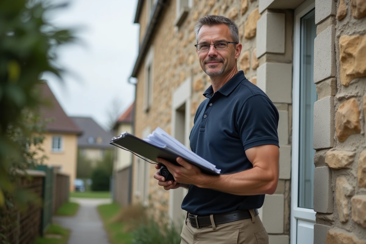 Auditeur énergétique inspectant la façade d'une maison en cours de rénovation avec scanner thermique pour améliorer le DPE
