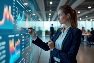 Professionnelle du marketing analysant des tableaux de bord numériques dans un bureau moderne, illustrant les tendances du marketing en 2026