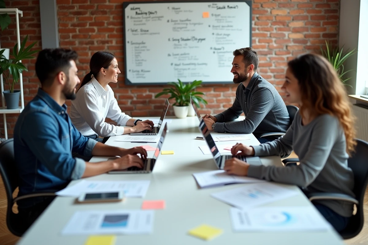 Équipe marketing en réunion stratégique autour d'outils numériques et d'intelligence artificielle, représentant les nouvelles pratiques marketing de 2026