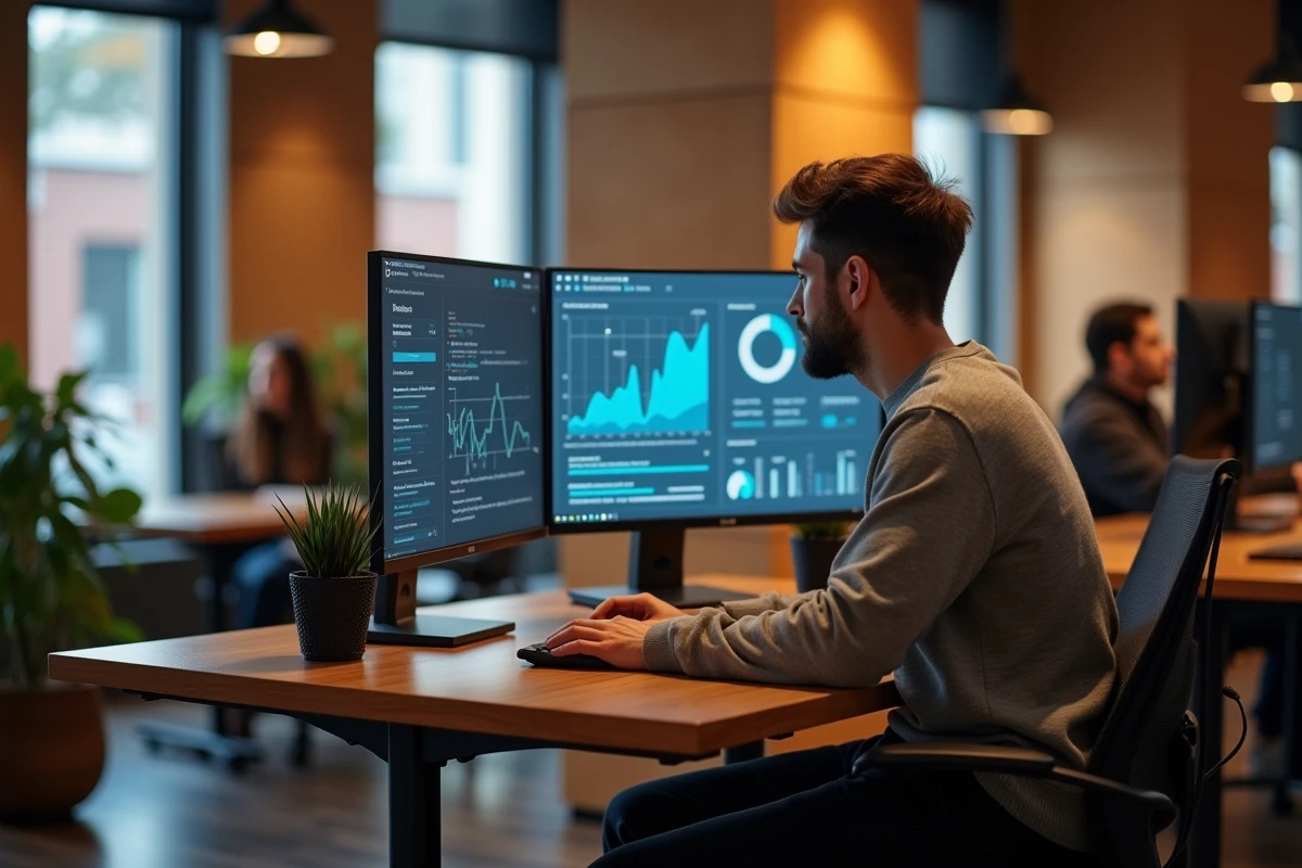Jeune professionnel travaillant sur des outils d'intelligence artificielle pour le marketing de contenu dans un espace de co-working, symbolisant l'évolution du marketing digital en 2026