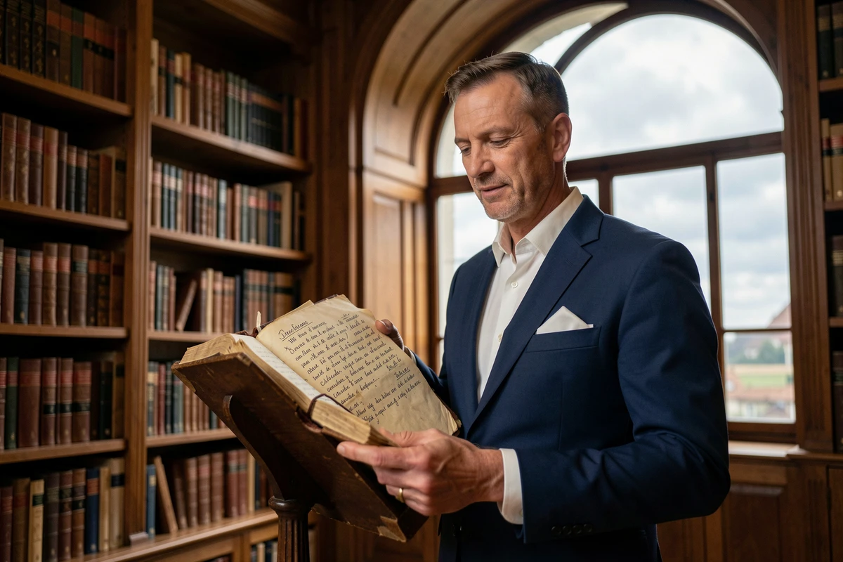 Baryton tenant un ancien recueil de chants avec annotations manuscrites dans une bibliothèque alsacienne