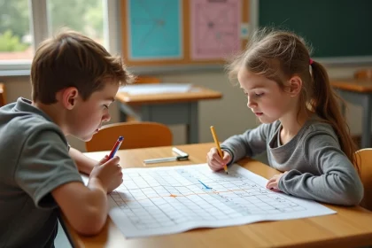 Deux enfants jouant à la bataille navale sur une grille éducative en classe de géométrie
