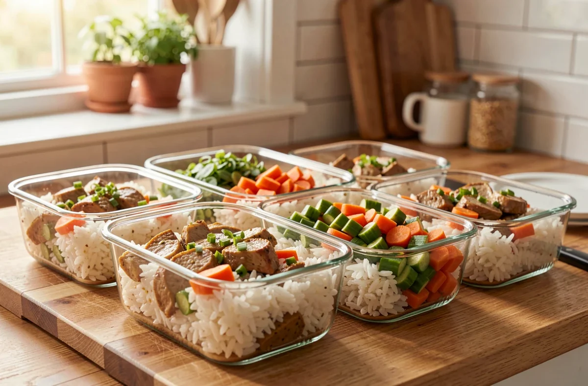 Boîtes de repas préparés à l'avance alignées sur un plan de travail