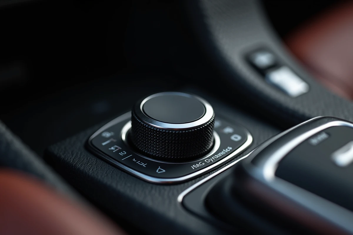 Gros plan sur le bouton AMG Dynamics d'un volant Mercedes-AMG en intérieur de voiture sportive