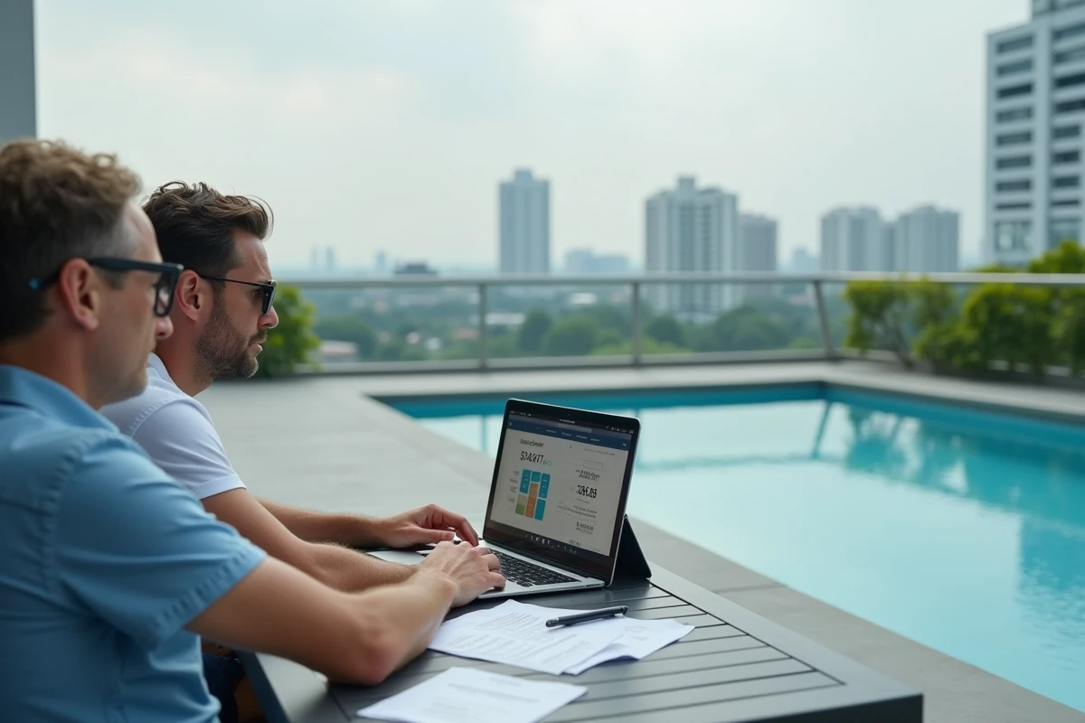 Couple calculant le budget annuel de leur piscine sur une terrasse moderne avec vue urbaine