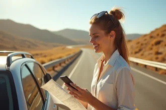 Femme consultant un budget de voyage sur smartphone au bord d'une route côtière en Californie