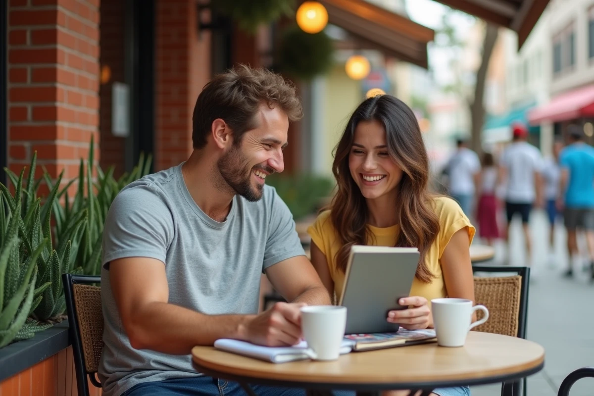 Couple planifiant leur budget de voyage en Californie dans un café en plein air à Los Angeles