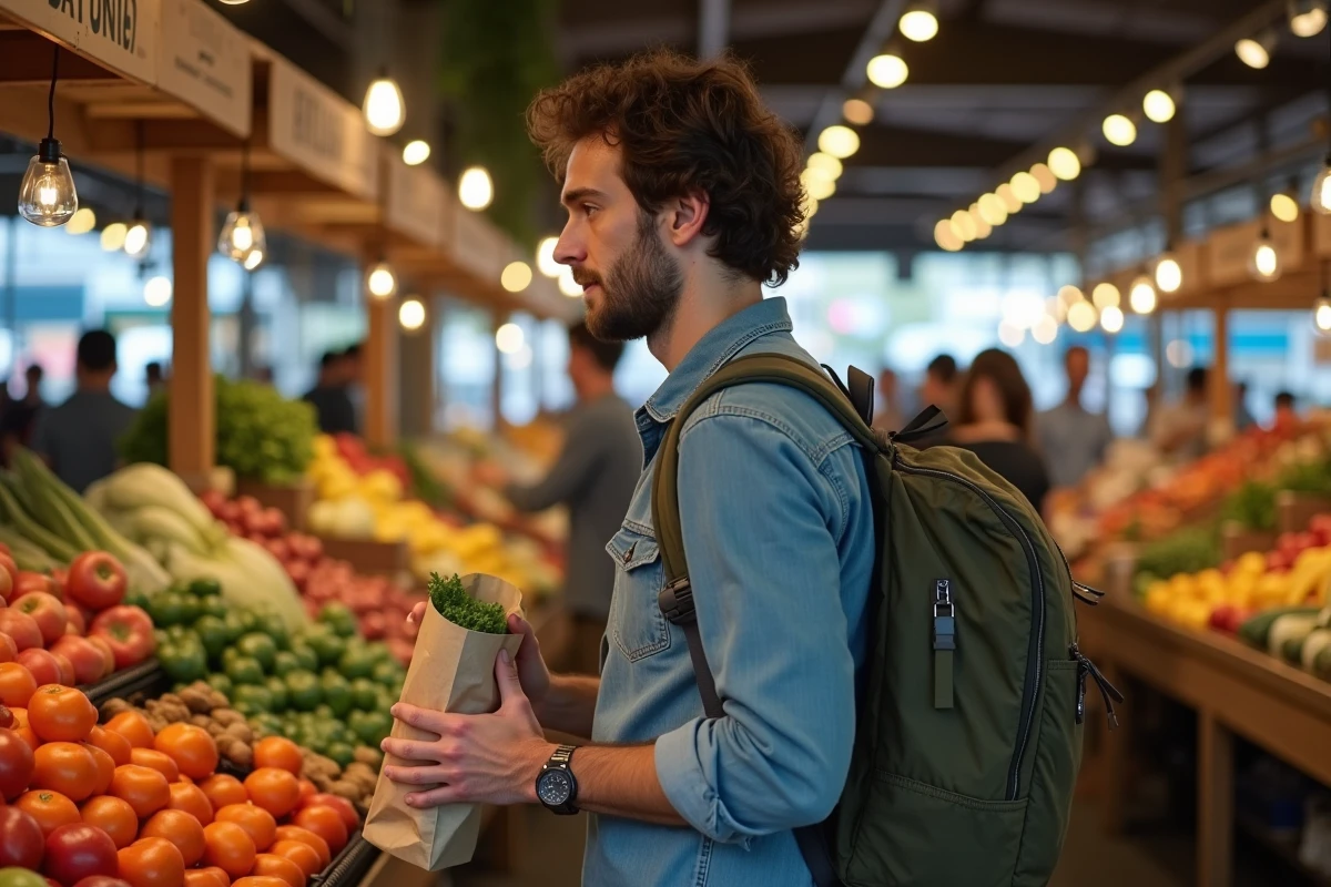Voyageur solo évaluant les prix dans un marché couvert de San Francisco pendant un voyage en Californie