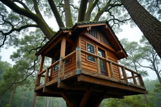 Cabane dans les arbres en bois massif avec terrasse suspendue et structure en poutres apparentes dans une forêt de chênes
