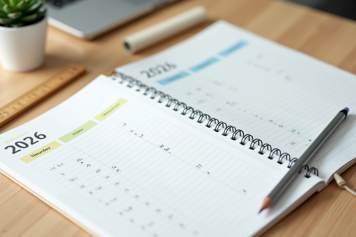 Vue de dessus d'un calendrier 2026 imprimé avec semaines paires et impaires surlignées sur un bureau en bois
