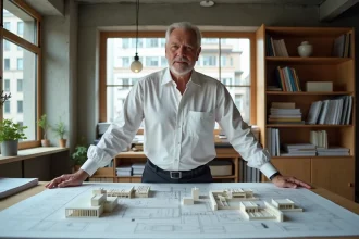 Architecte devant une table de travail avec plans et maquettes illustrant les caractéristiques architecturales